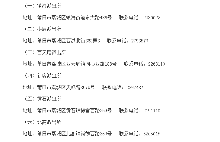 莆田市荔城区基层派出所地址和联系电话信息一览表