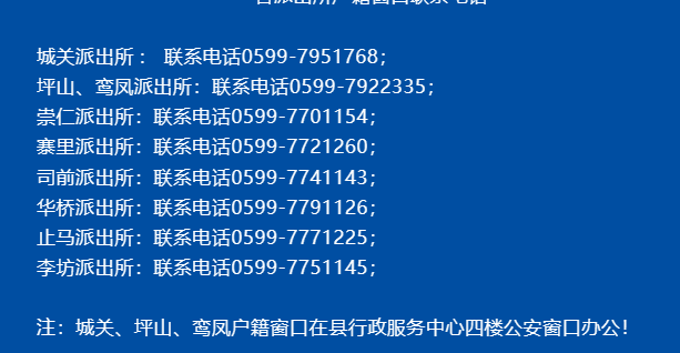 南平市光泽县各派出所户籍窗口联系电话一览表