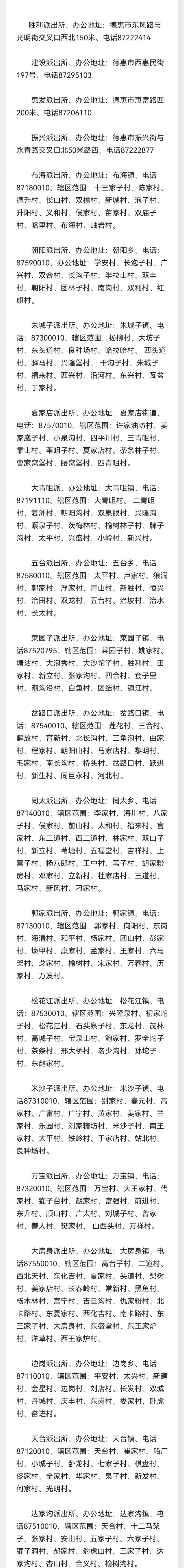 吉林德惠市辖区派出所办公电话地址及管辖区域信息大全表