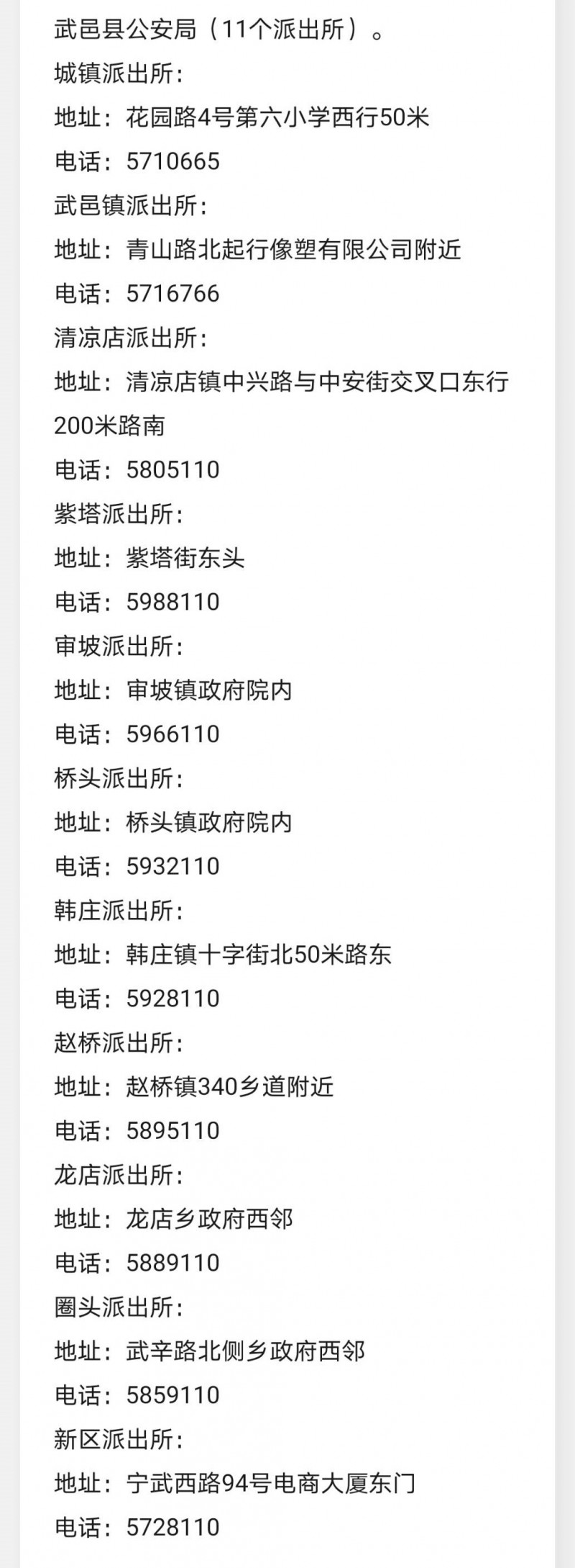 武邑县各派出所值班电话号码及办公地址信息汇总表