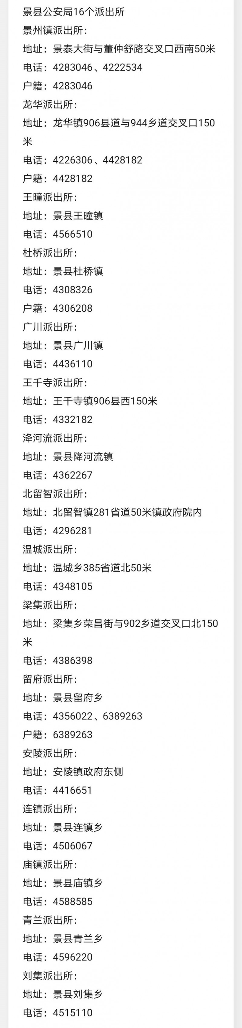 河北景县各辖区派出所报警求助电话和户籍咨询电话汇总表