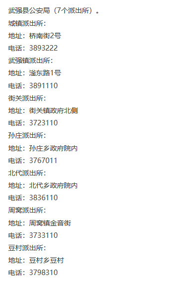 衡水市各区（市）县范围内属地派出所值班电话、户籍电话及办公地址信息表