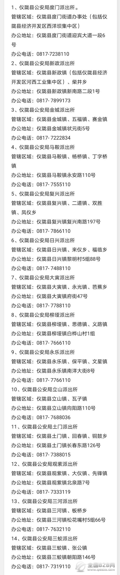 四川便民黄页：仪陇县各派出所办公电话、办公地址和管辖范围信息汇总表