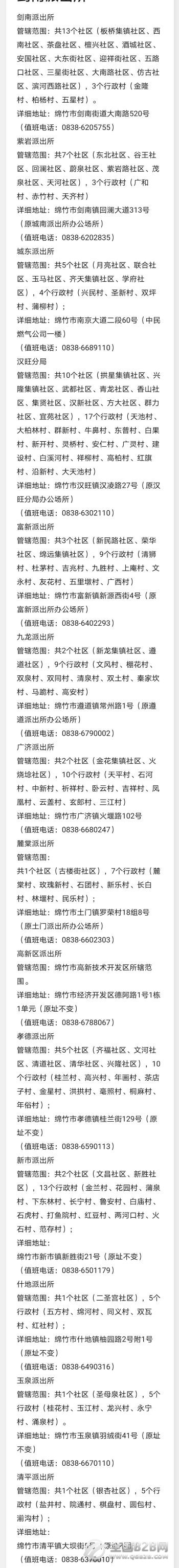 四川绵竹市各派出所管辖范围和详细地址、值班电话信息汇总表
