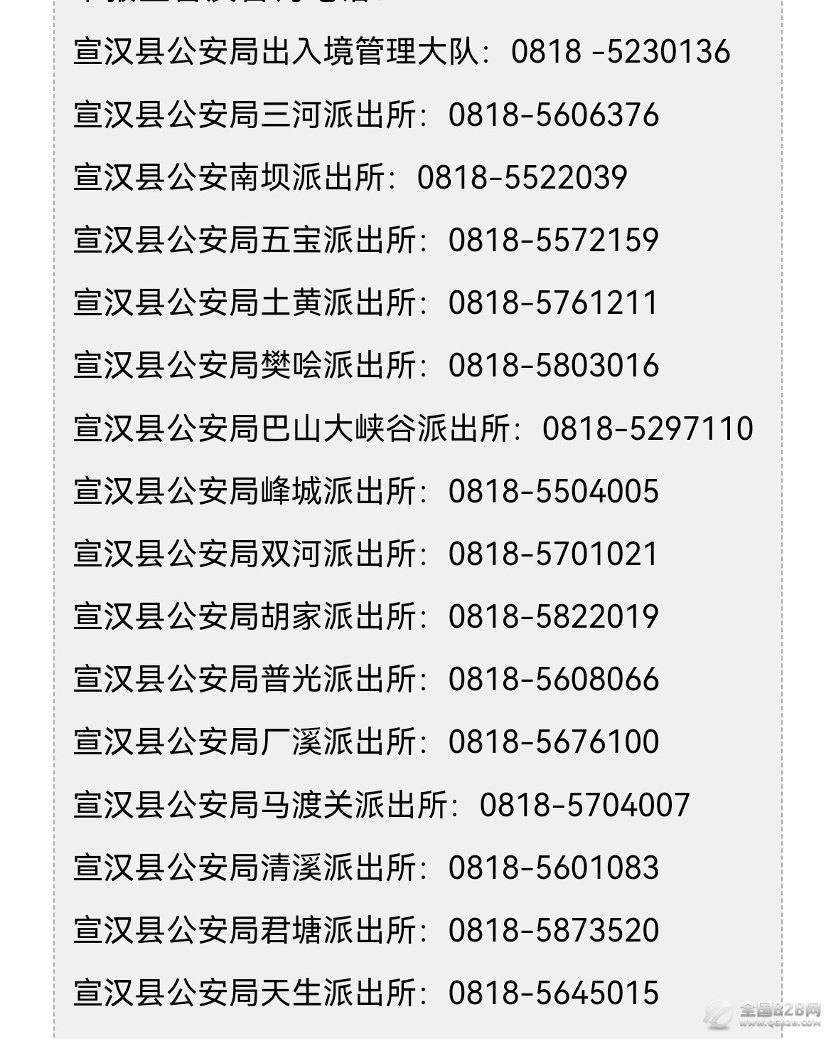 宣汉县各辖区派出所户籍户政咨询服务电话号码