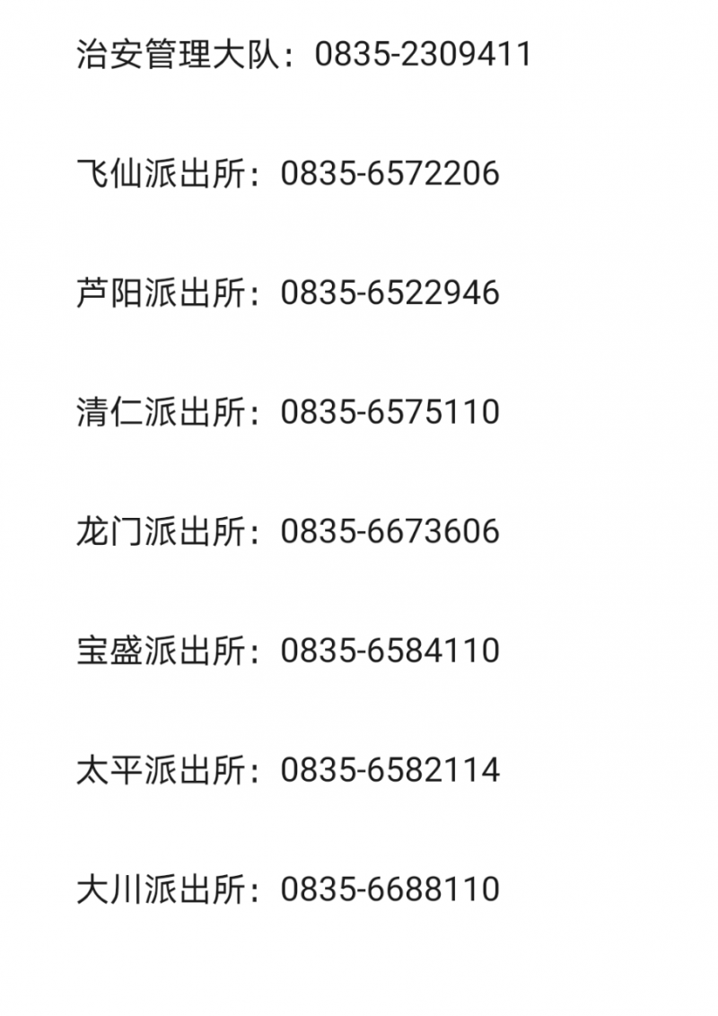 雅安市芦山县各辖区户籍派出所电话号码汇总表