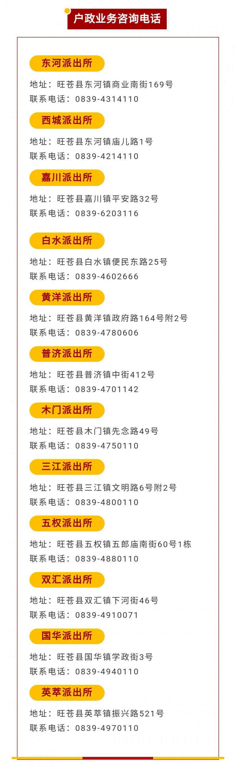 广元市旺苍县各派出所户政业务联系电话及地址信息大全