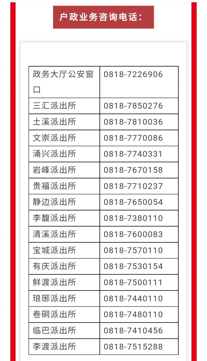 渠县全县各派出所户政窗口咨询服务电话一览表