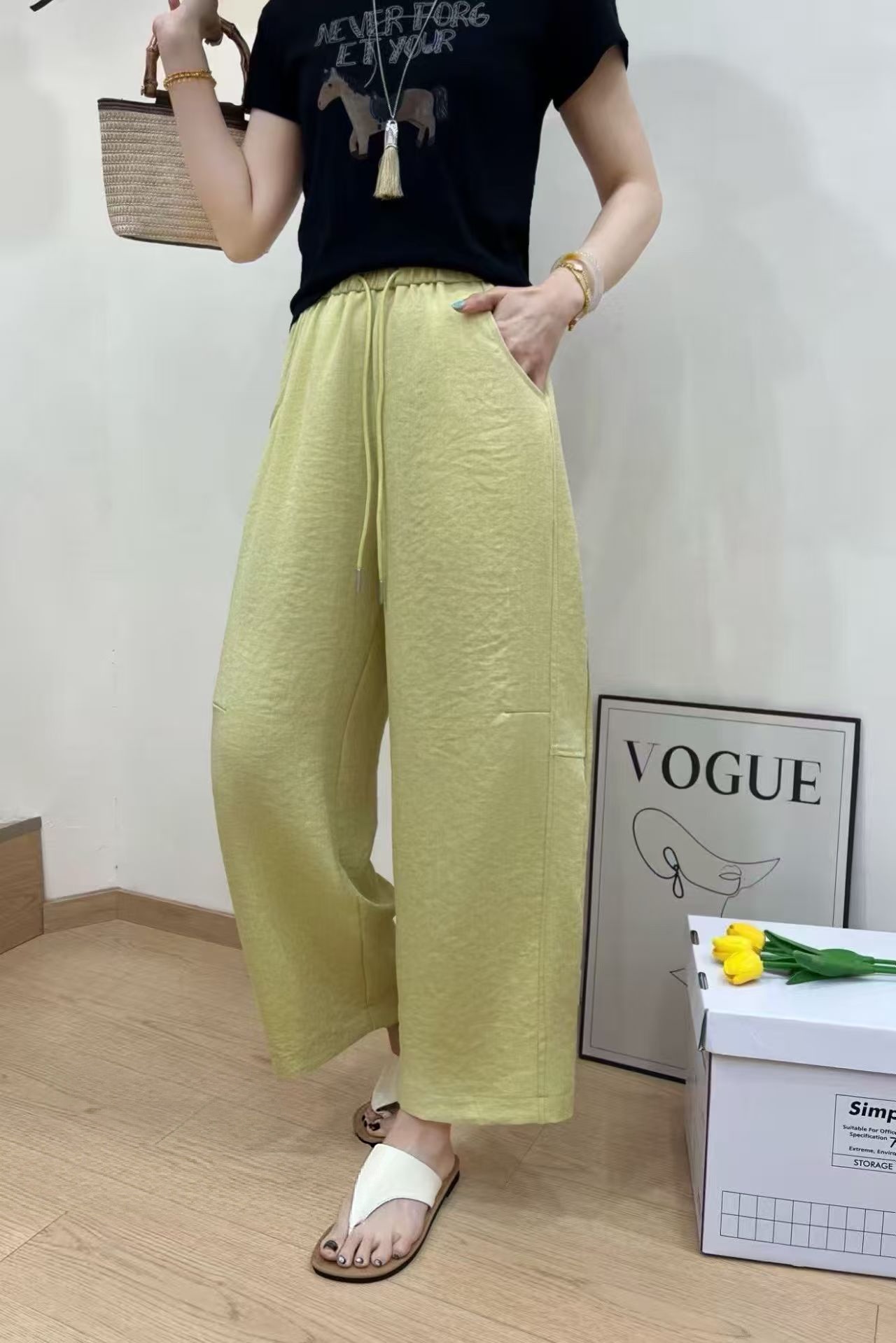 米杏色/黄色/黑色天丝亚麻九分裤弯刀版型女裤阔腿裤款式特点分析和穿搭建议